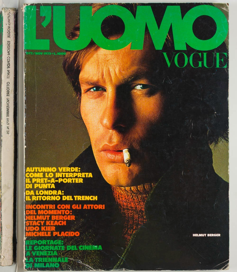 Helmut Berger JACQUES DE BASCHER Udo Kier  L'UOMO VOGUE October 1973  Toscani KL