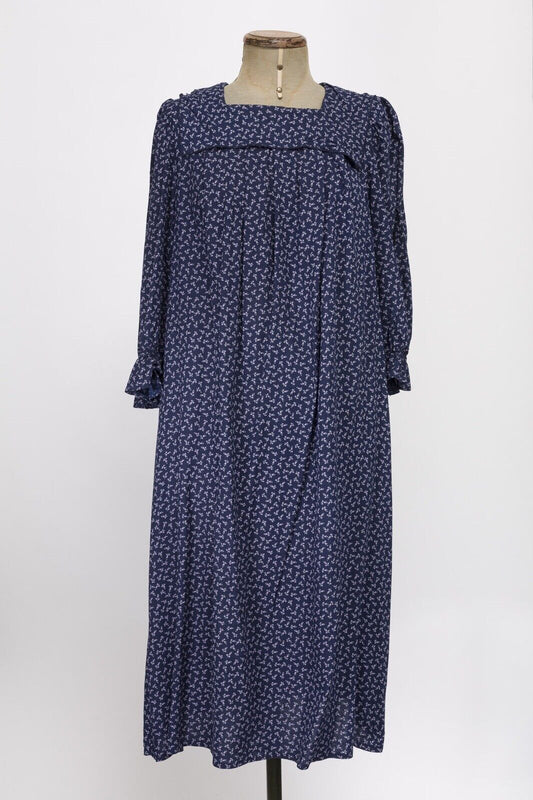 Ditsy 80s Prairie VTG Midi Dress Boho Peasant SIZE 16 navy 3/4 sleeve BIG COLLAR