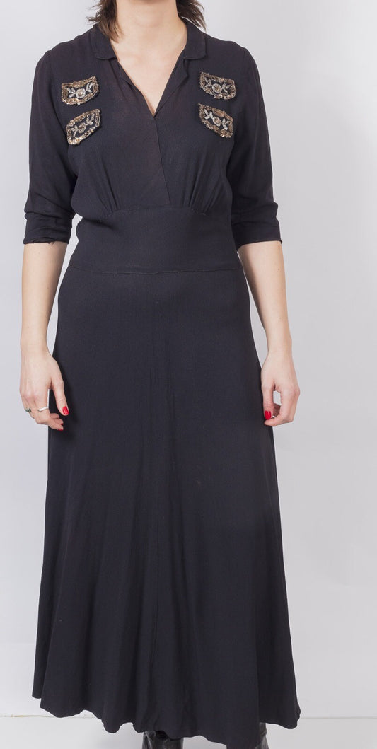 Black 1940s Silk crepe Wartime Military Epaulette VTG Maxi Tea Dress SIZE 12 14