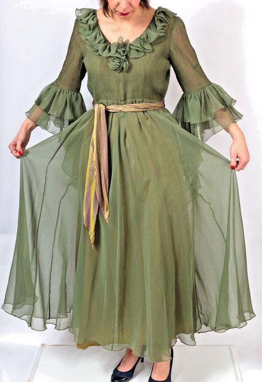 Jean Varon MAXI DRESS Olive Green 1970s Hippy RUFFLES Tiered Wizard Sleeves VTG