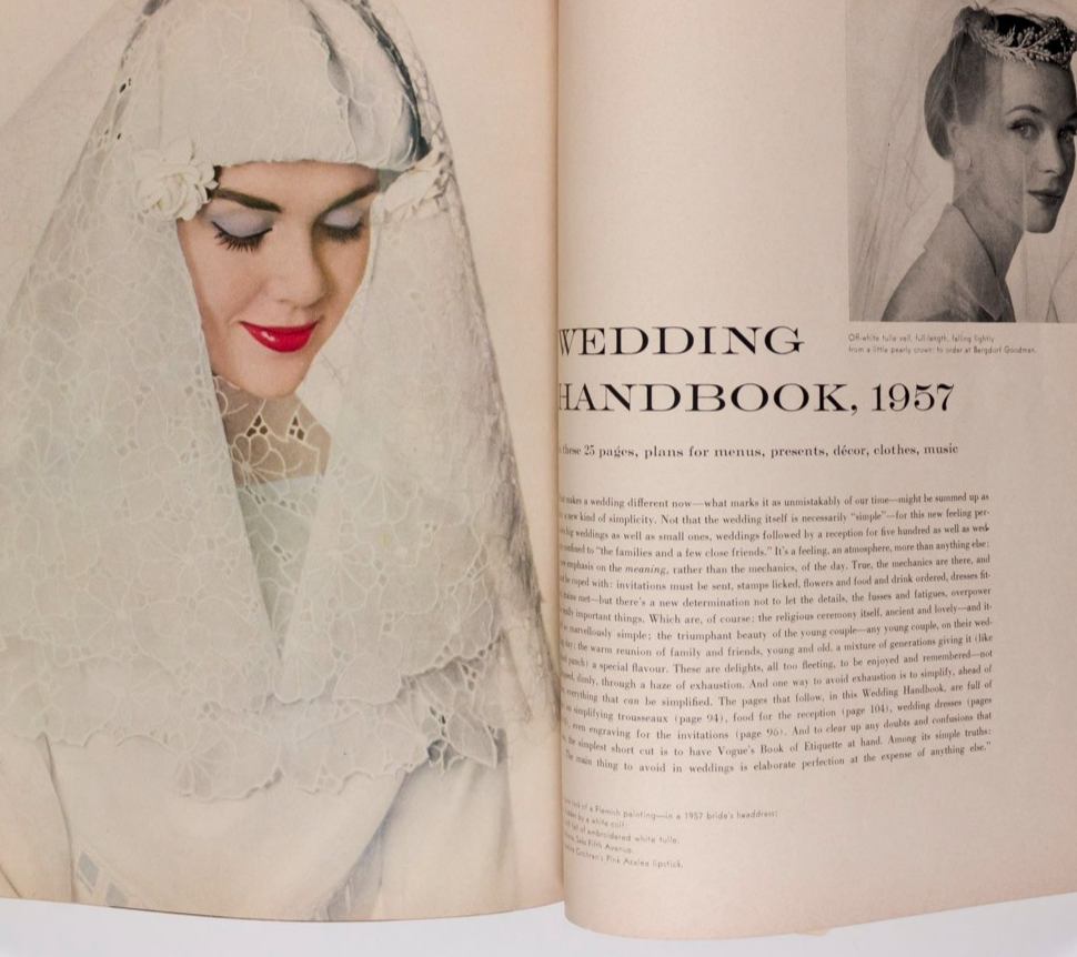 Anne St Marie RENE BOUCHE Bridal VOGUE July 1957 Marmie Eisenhower HORST Vevean