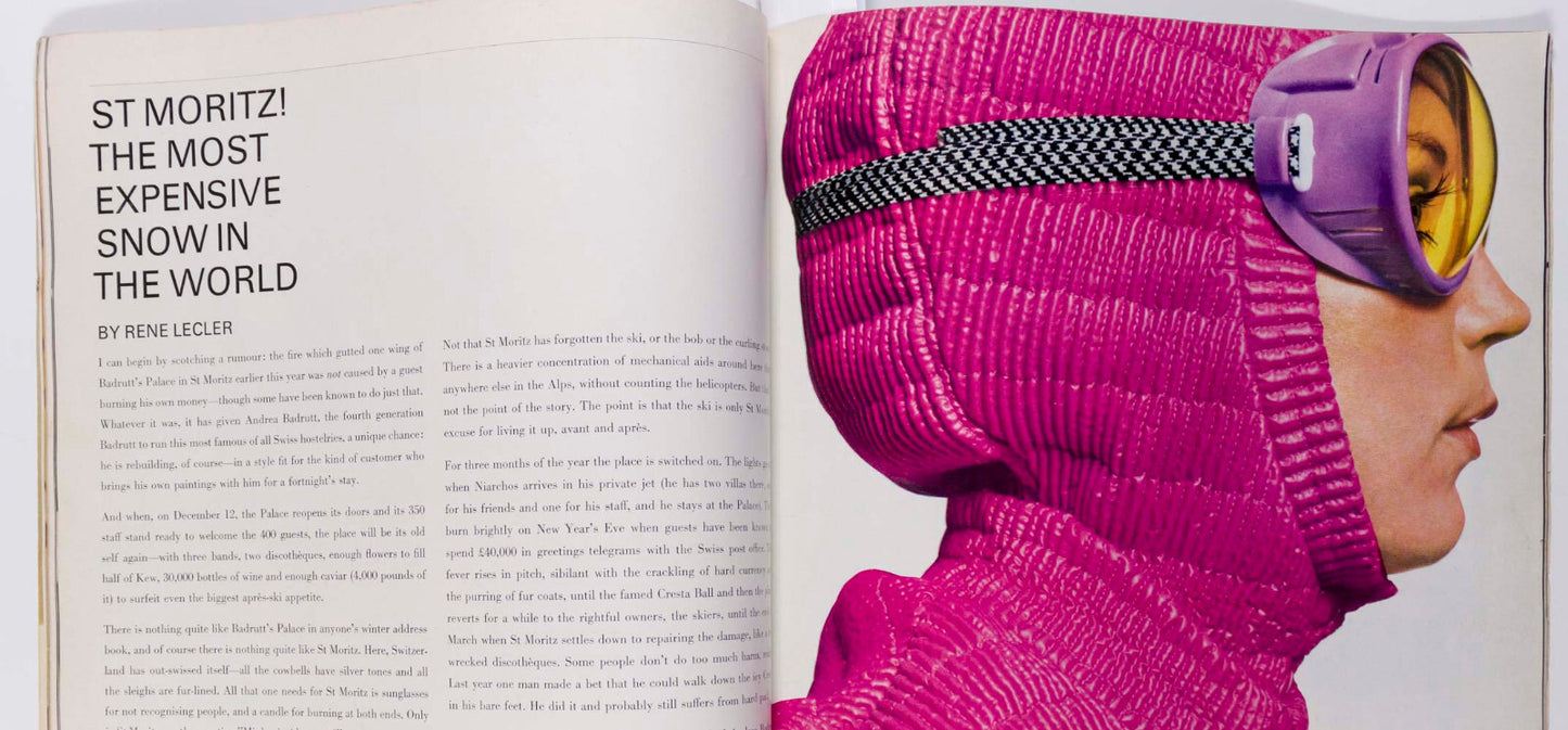 HOCKNEY Mr Fish ROLEX Harpers Bazaar December 1967 Twiggy JEAN SHRIMPTON Skiwear