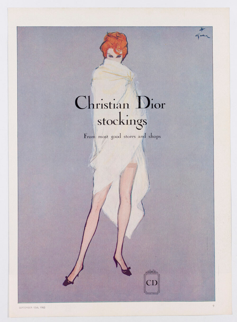 Rene Gruau CHRISTIAN DIOR Stockings VTG ad ORIGINAL MAGAZINE PAGE Borg Fabric CD