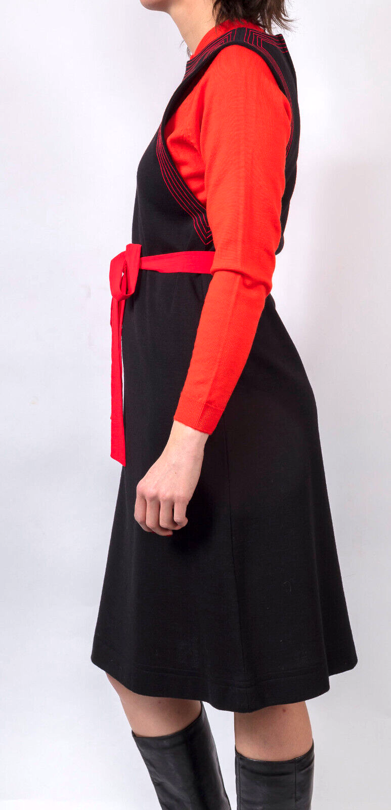 JEAN VARON Shift A-Line Dress VTG Black RED STITCHING 1970's Pockets MOD Size 12
