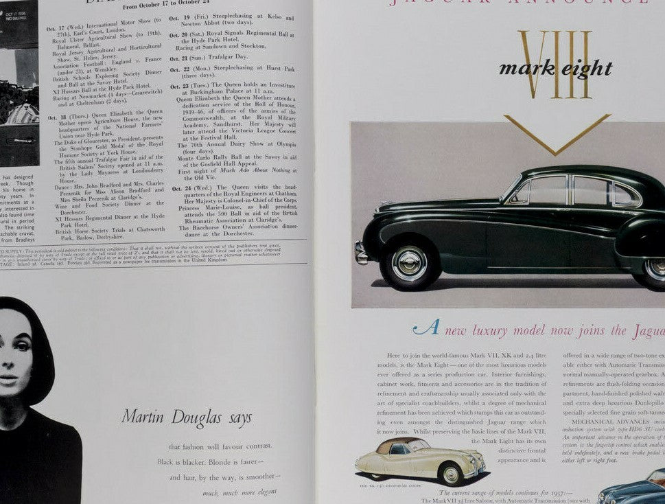 Tage Werner MOTOR SHOW Jaguar car JOHN FRENCH Tatler October 1956 Girls CLOTHES