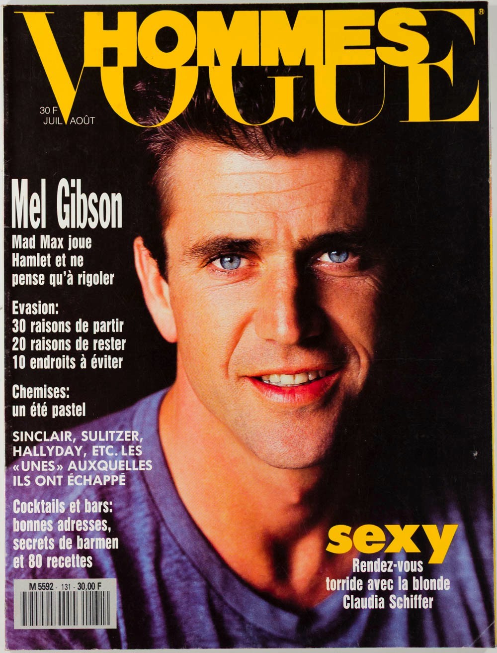 MEL GIBSON Claudia Schiffer JOHNNY HALLYDAY Cocktails VOGUE HOMMES July 1990 vtg