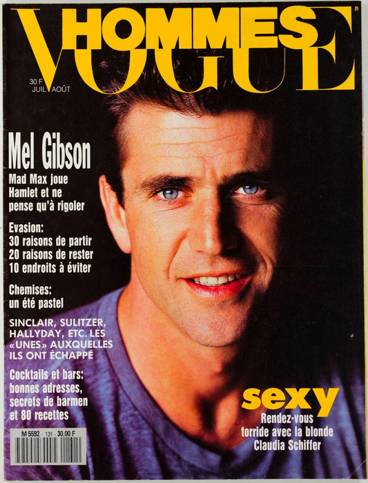 MEL GIBSON Claudia Schiffer JOHNNY HALLYDAY Cocktails VOGUE HOMMES July 1990 vtg