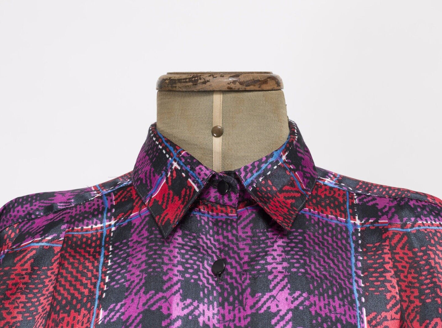  Aquascutum 1980s Jacket Blouse Shirt VTG Check Purple SILK Elastic cuff TARTAN