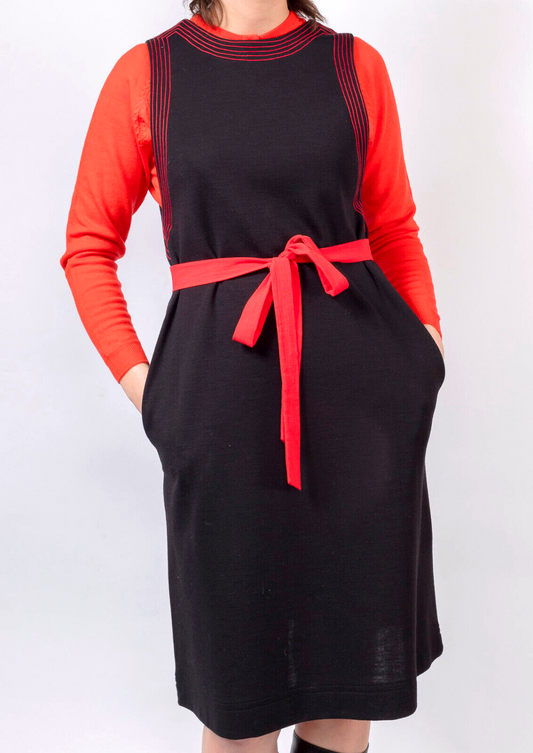 JEAN VARON Shift A-Line Dress VTG Black RED STITCHING 1970's Pockets MOD Size 12