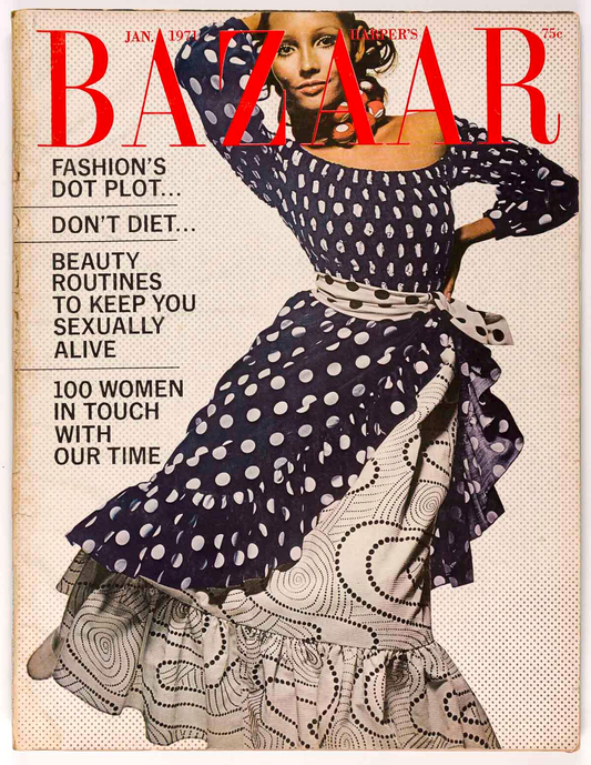 BARBARA CARRERA polka dots HIRO Tolstoy HARPER'S BAZAAR January 1971 Oscar Renta