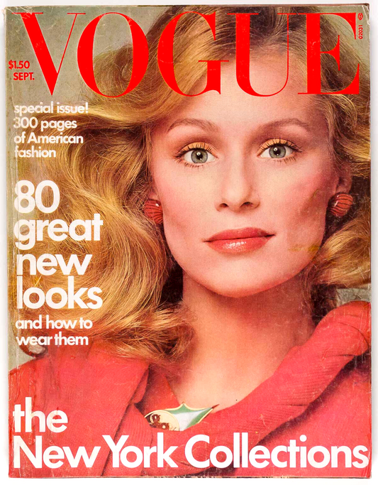 Lauren Hutton CHER Lagerfeld HANAE MORI Halston RENE RUSSO Warhol VOGUE Sep 1974