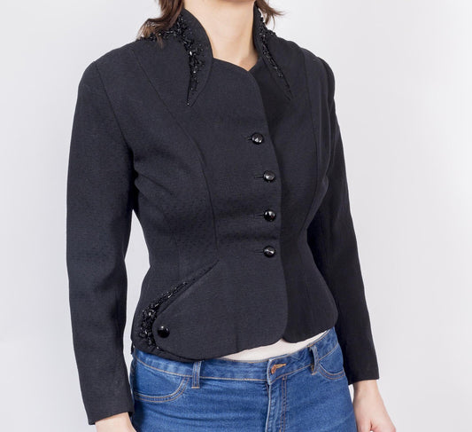 Black 1940s 50s Silk Cotton fitted jacket GLASS BEADING Laurie White Couture VTG