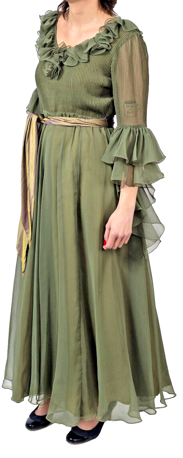 Jean Varon MAXI DRESS Olive Green 1970s Hippy RUFFLES Tiered Wizard Sleeves VTG