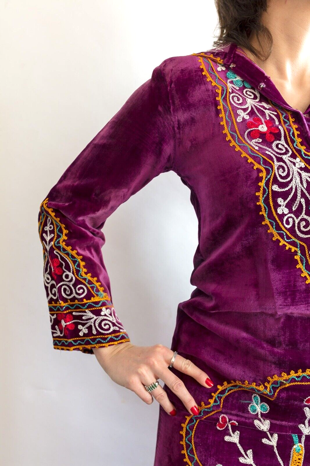 Velvet Kaftan hooded dress VTG Embroidered peacock INDIAN Hippy MAXI Purple SILK