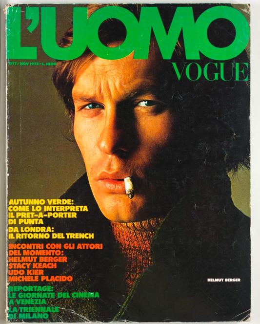 Helmut Berger JACQUES DE BASCHER Udo Kier  L'UOMO VOGUE October 1973  Toscani KL
