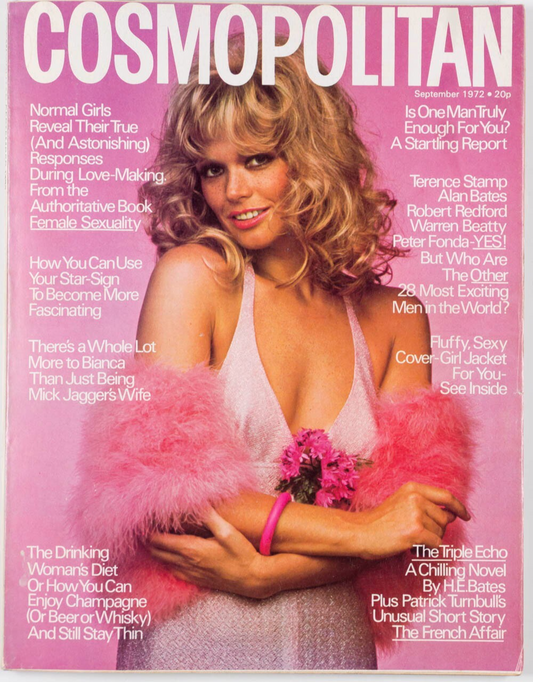 BIBA Bianca Jagger JAY JOHNSON Alan Bates COSMOPOLITAN magazine September 1972