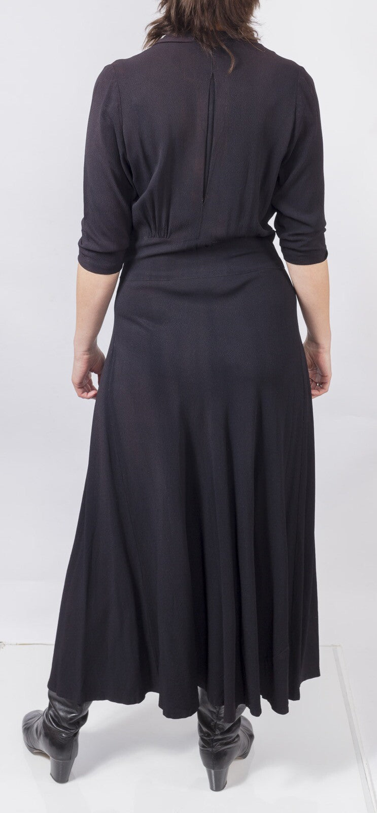 Black 1940s Silk crepe Wartime Military Epaulette VTG Maxi Tea Dress SIZE 12 14