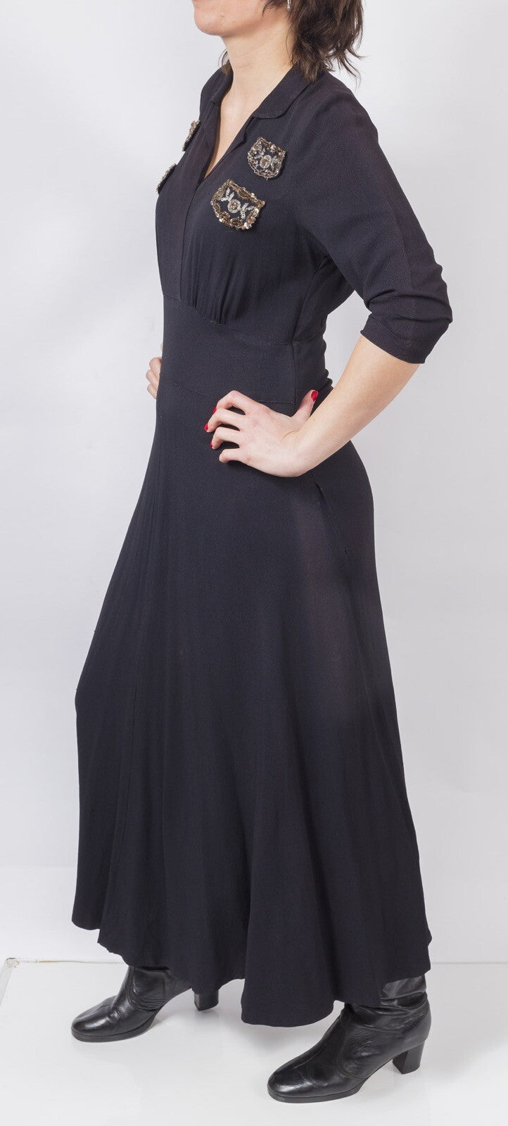 Black 1940s Silk crepe Wartime Military Epaulette VTG Maxi Tea Dress SIZE 12 14