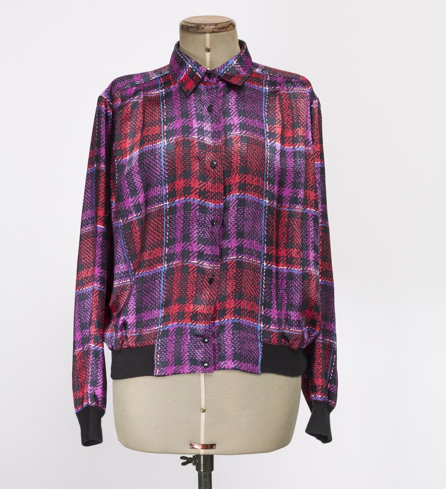  Aquascutum 1980s Jacket Blouse Shirt VTG Check Purple SILK Elastic cuff TARTAN