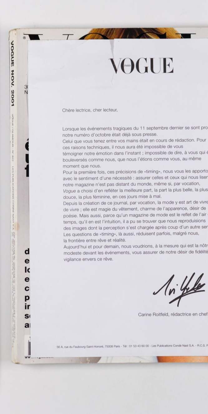 NADJA AUERMANN Testino CARINE ROITFELD 9/11 LETTER Paris Vogue November 2001 822