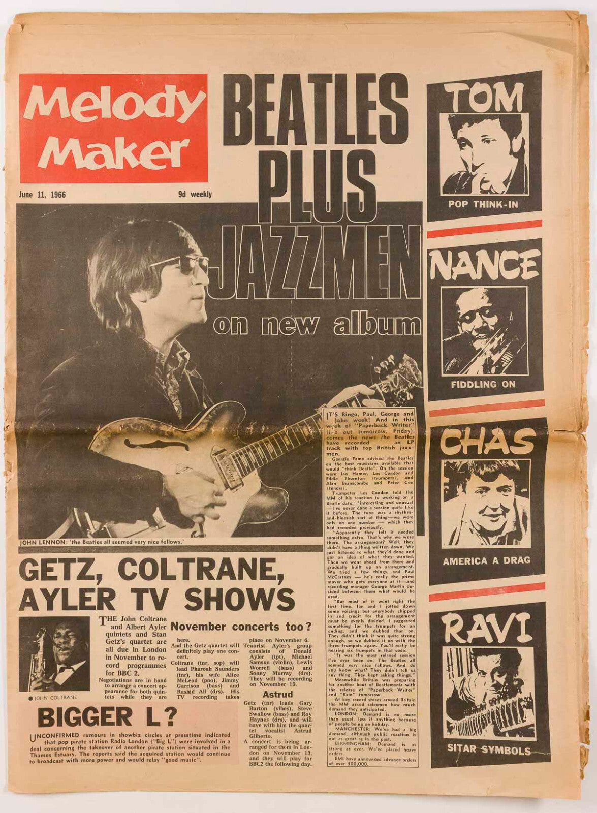 JOHN LENNON The Beatles TOM JONES Ravi Shankar UK Jazz MELODY MAKER June 11 1966