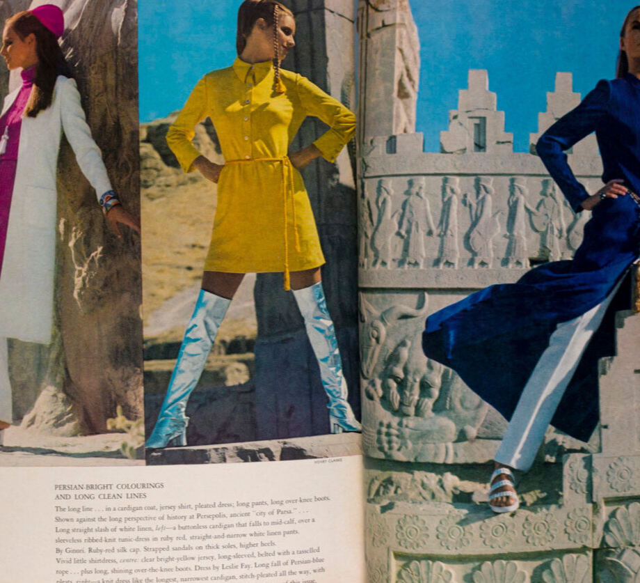 Courreges HENRY CLARKE Katharine Hepburn STACY KEACH Iran US VOGUE December 1969