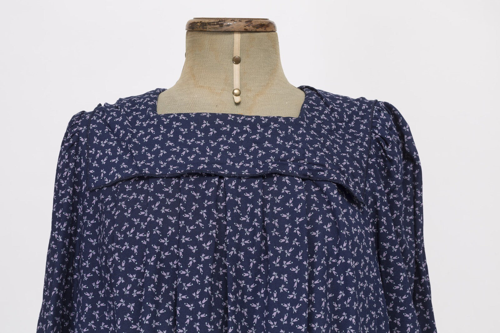 Ditsy 80s Prairie VTG Midi Dress Boho Peasant SIZE 16 navy 3/4 sleeve BIG COLLAR