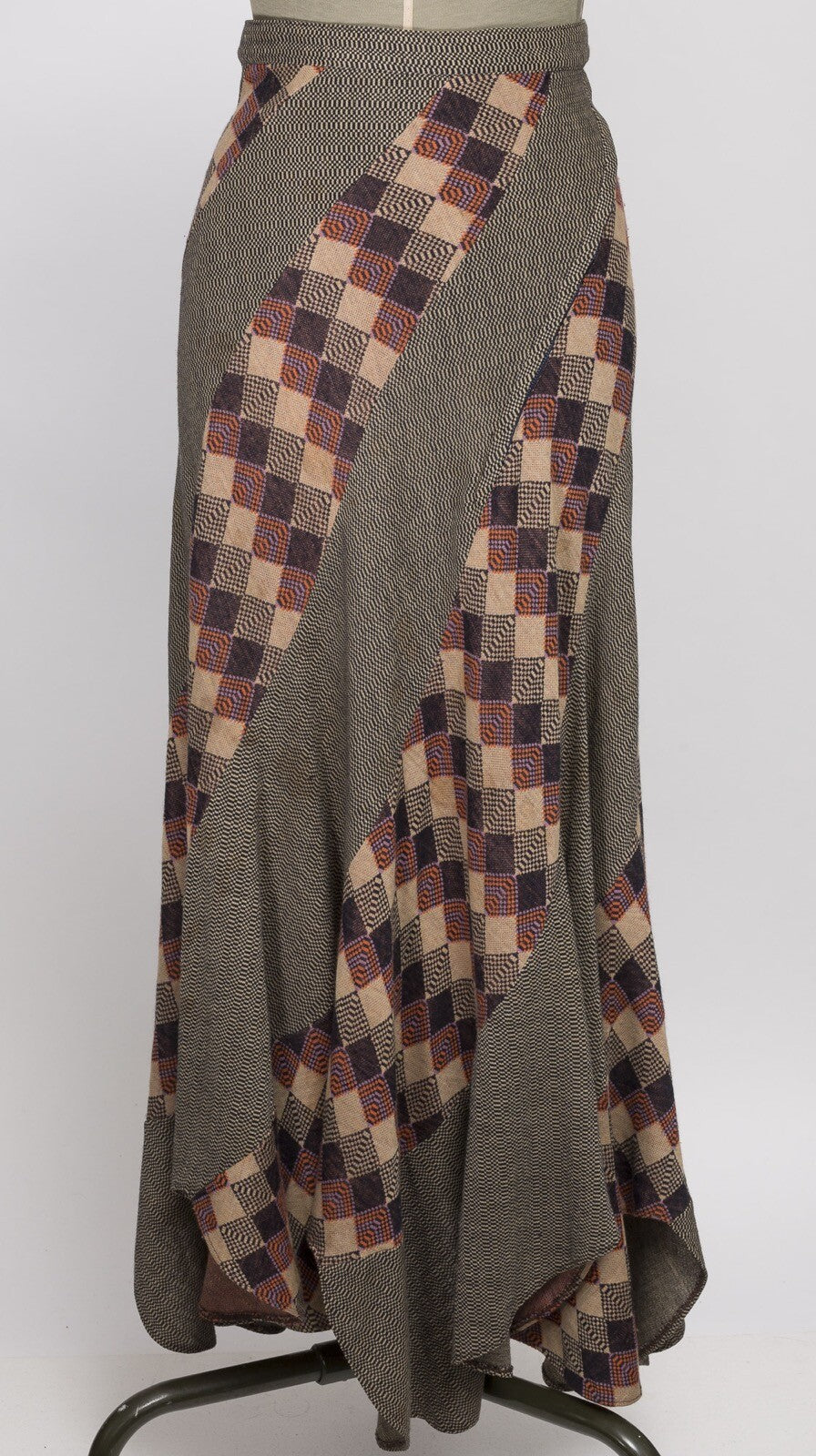 Stirling Cooper WOOL Maxi Asymmetric Skirt SCALLOP HEM Patchwork VTG Herringbone