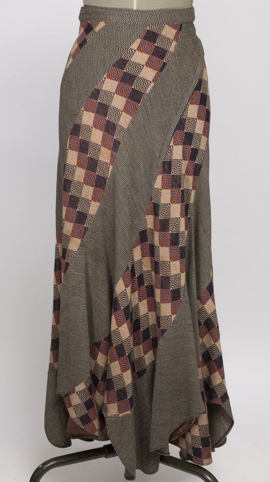 Stirling Cooper WOOL Maxi Asymmetric Skirt SCALLOP HEM Patchwork VTG Herringbone