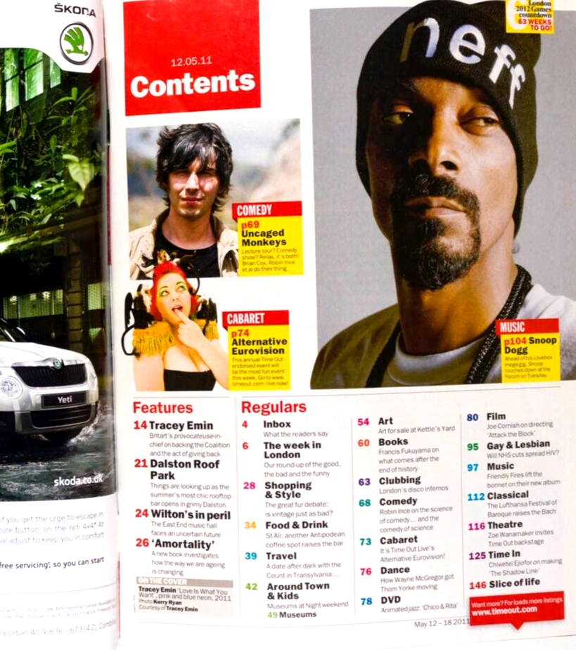 TRACEY EMIN Zoe Wanamaker SNOOP DOG Brian Cox AI WEIWEI Topman TIME OUT magazine