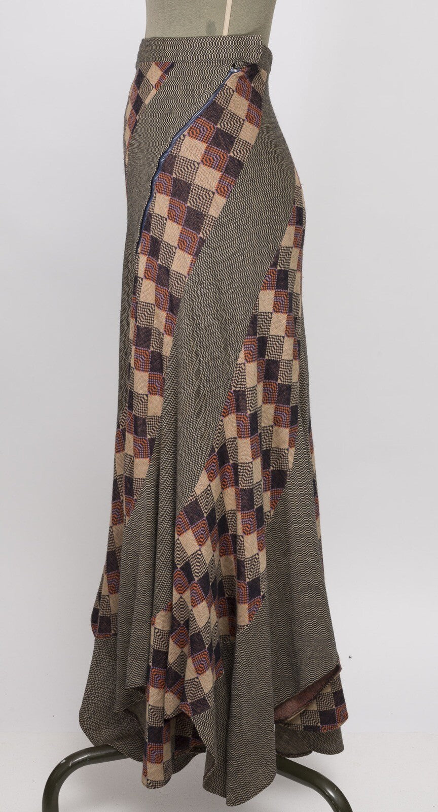 Stirling Cooper WOOL Maxi Asymmetric Skirt SCALLOP HEM Patchwork VTG Herringbone