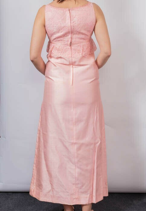 JEAN VARON pink column lace silk prom maxi dress VTG Size 12 Empire line 1960's