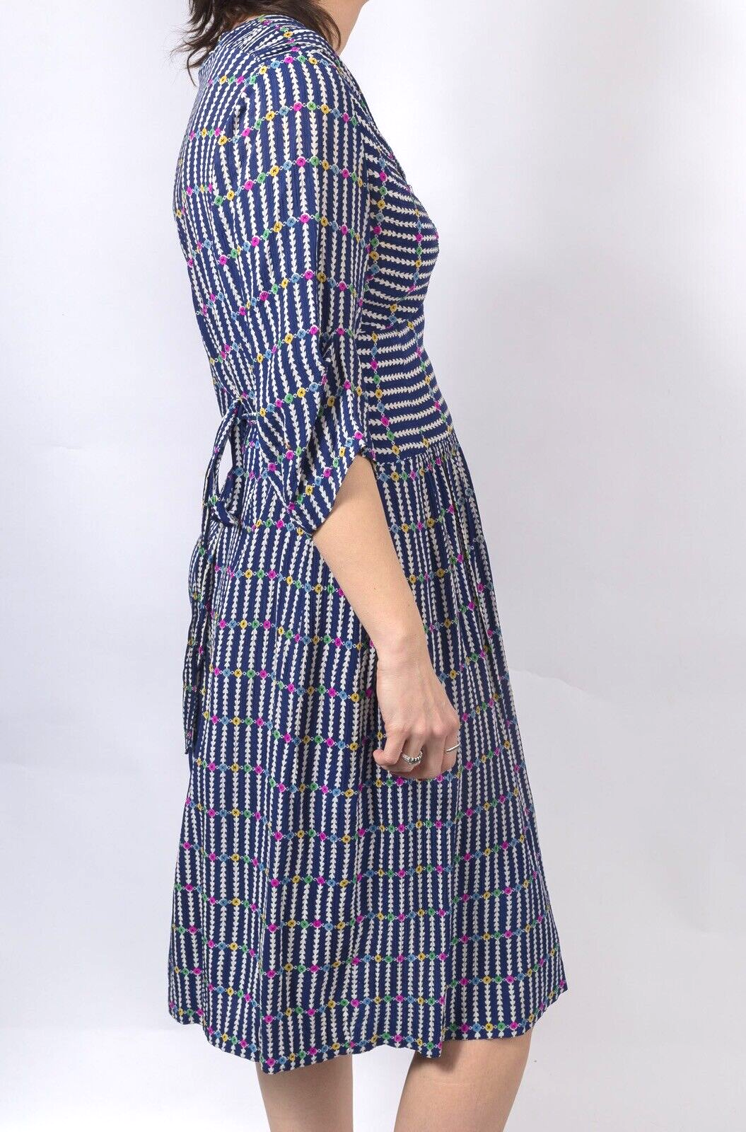 NILA HAUTE COUTURE BRUSSLES Silk tea dress VTG Blue ditsy print 1940s SIZE 12 14