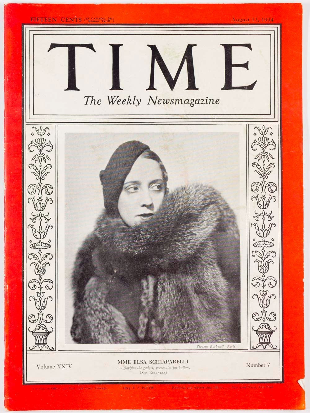 Mme Elsa Schiaparelli TIME MAGAZINE August 13 1934 Stevens Rockwell PARIS Weekly