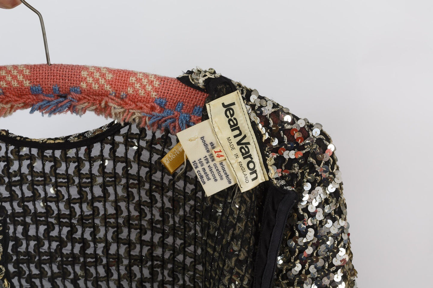 Jean Varon VTG Maxi Dress 70s Silver Sequin STUDIO 54 pockets BLACK disco SIZE L
