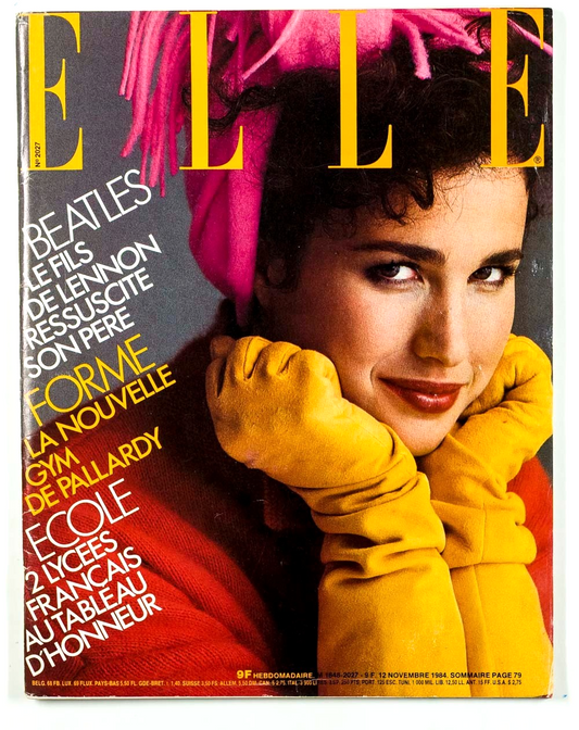 ANDIE MACDOWELL French GYM FORM Beatles John Lennon ELLE MAGAZINE November 1984