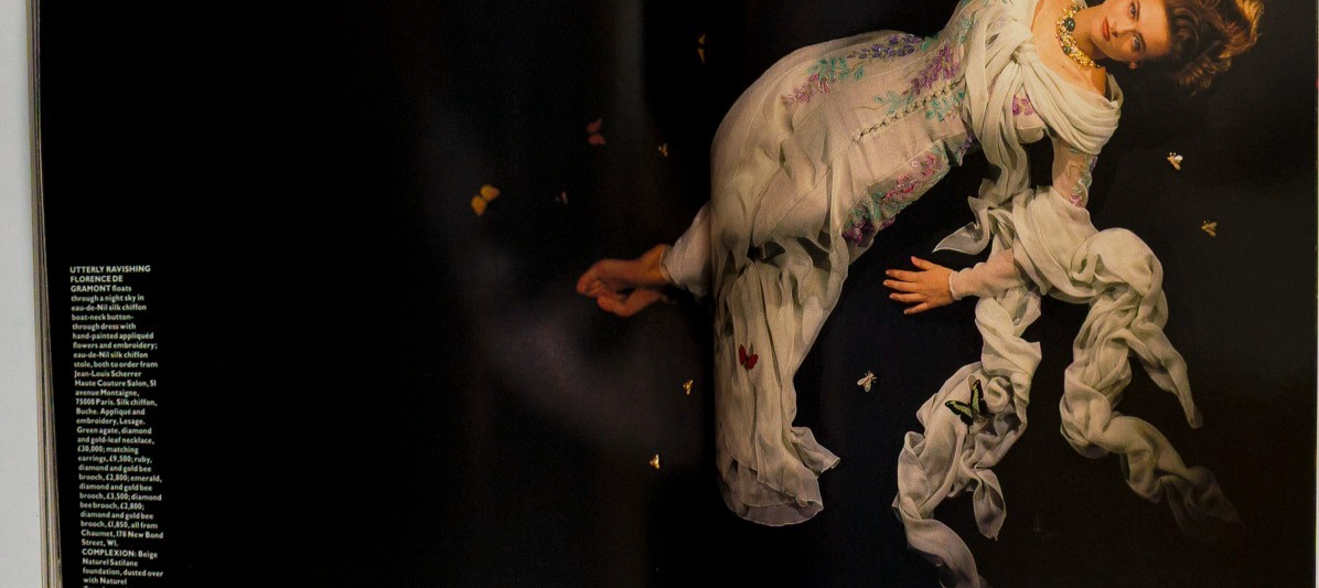 LUCIE DE LA FALAISE Julie Delpy ANGUS McBEAN Couture HARPER'S & QUEEN July 1989