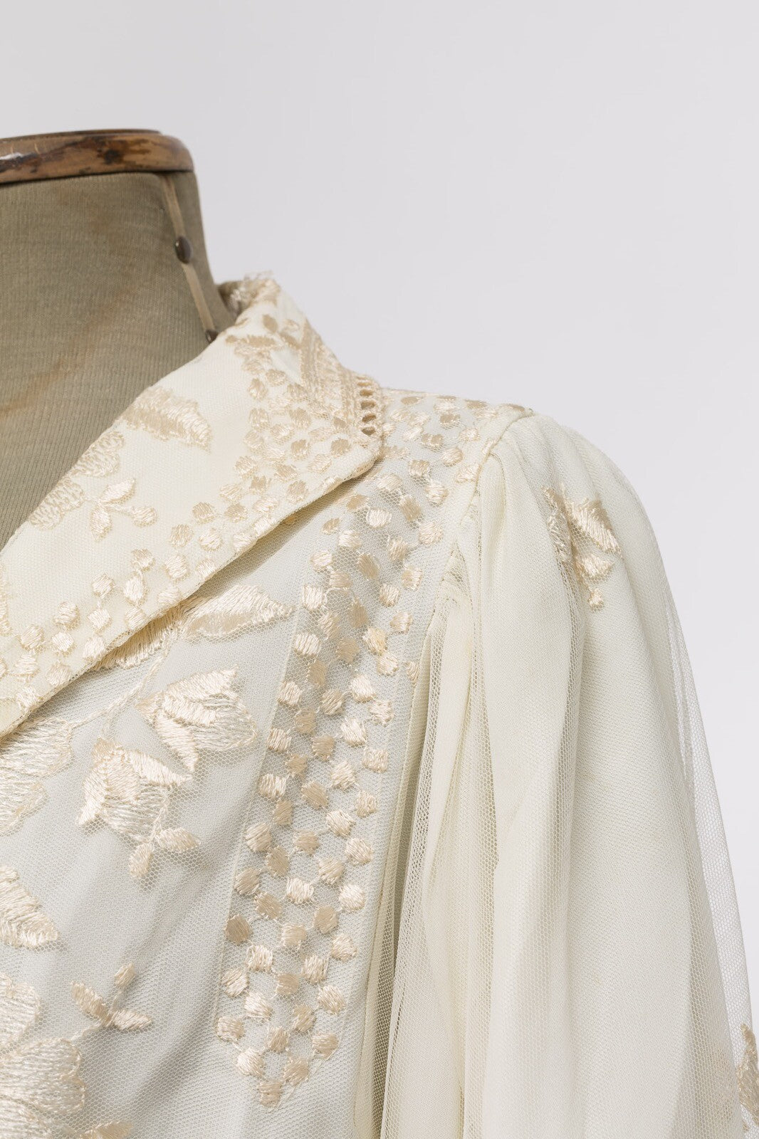 Tom Bowker JEAN VARON shirt jacket MESH embroidered CREAM Hippy FLORAL vtg 1980s