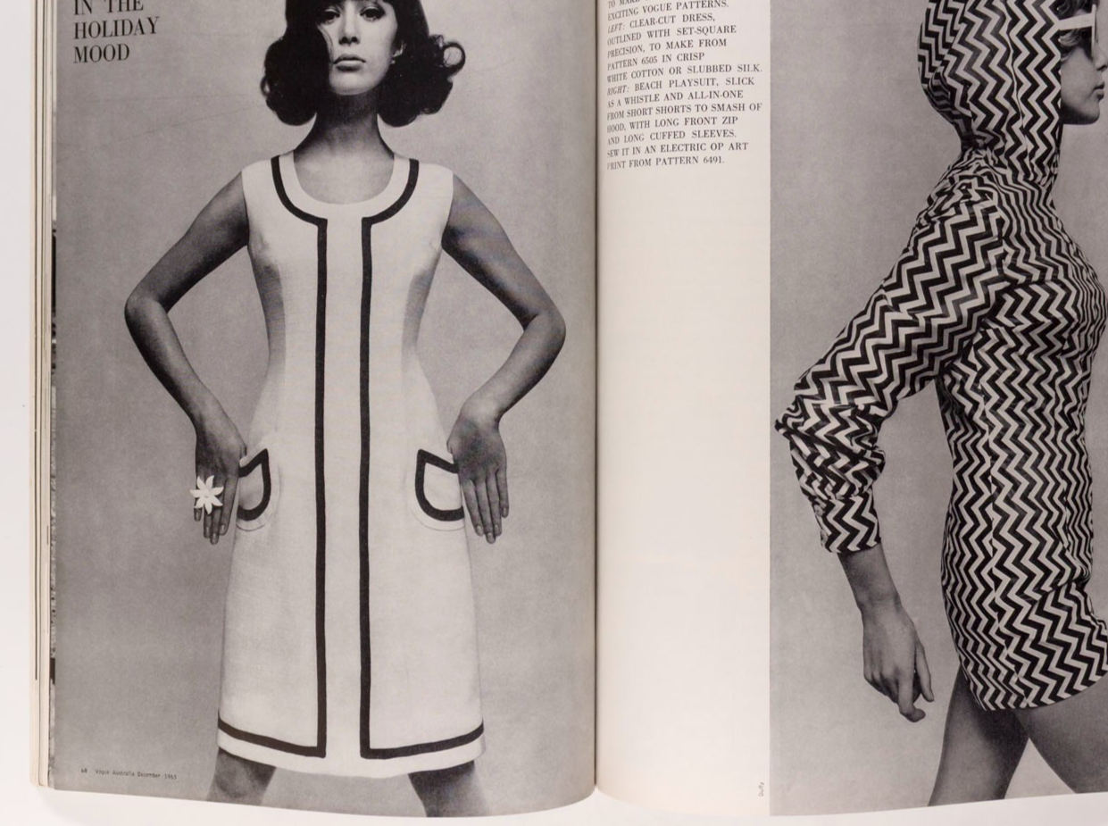Brigitte Bauer VERUSCHKA Barry Humphries VOGUE AUSTRALIA Dec 1965 Bridget Riley