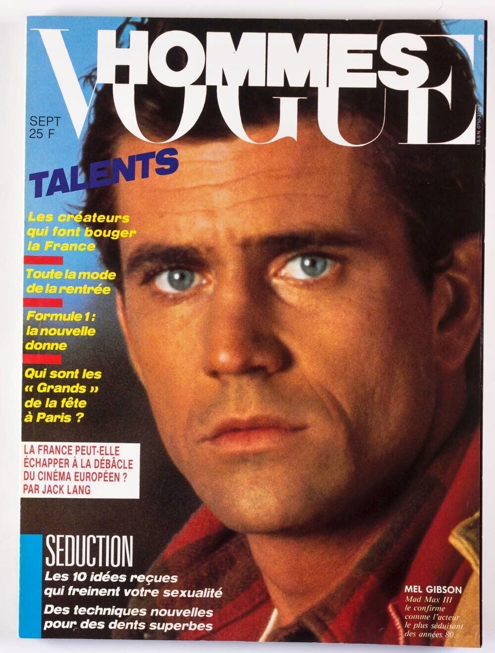 MEL GIBSON European Cinema FORMULA 1 Jack Lang PARIS VOGUE HOMMES September 1985