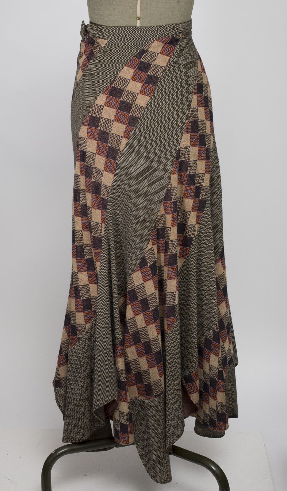 Stirling Cooper WOOL Maxi Asymmetric Skirt SCALLOP HEM Patchwork VTG Herringbone