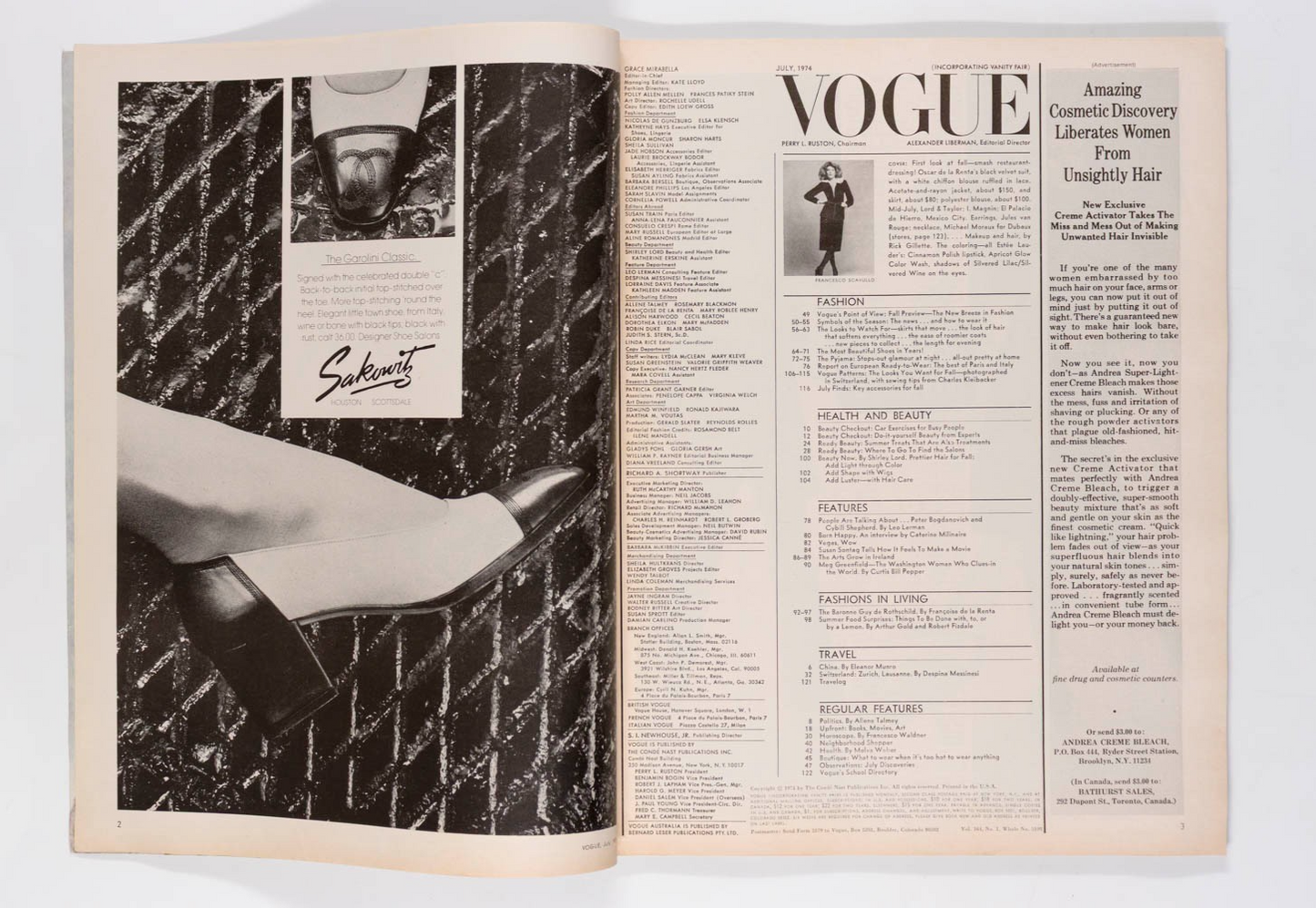 Rene Russo CYBILL SHEPHERD Susan Sontag VOGUE July 1974 Fall fashion SWITZERLAND