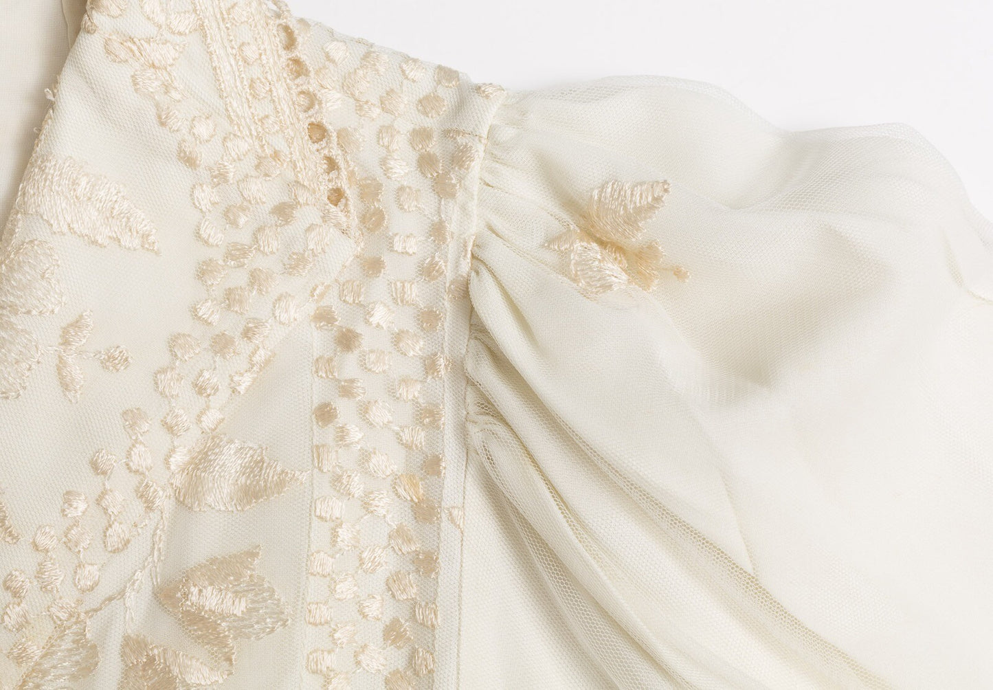 Tom Bowker JEAN VARON shirt jacket MESH embroidered CREAM Hippy FLORAL vtg 1980s