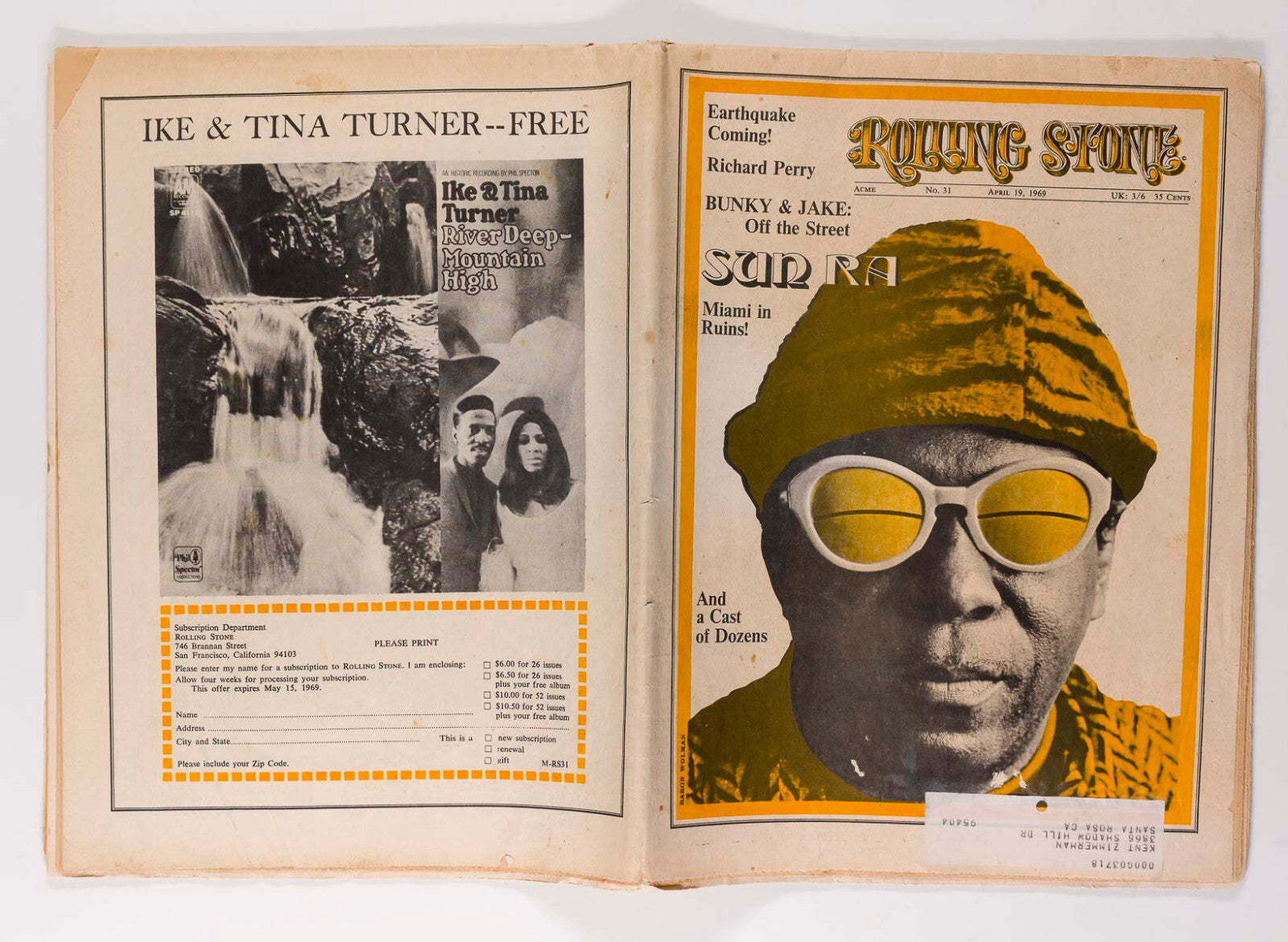 SUN RA Cerebrum Club EARTHQUAKE Rolling Stone magazine 31 April 1969 Tina Turner