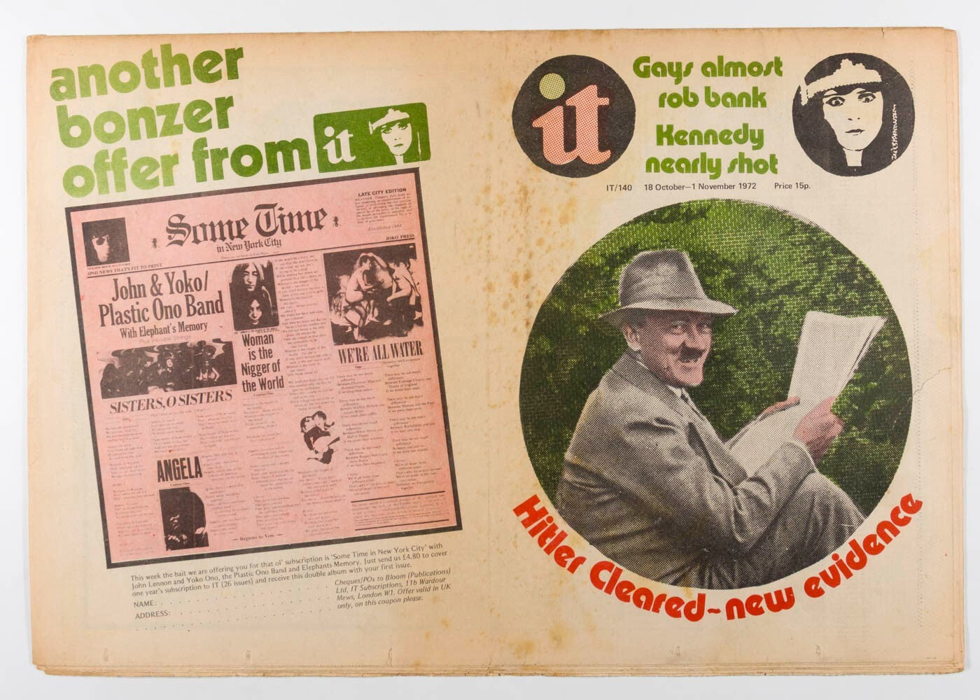 Hitler JOHN LENNON Yoko Ono INTERNATIONAL TIMES magazine October 1972 Joy Farren