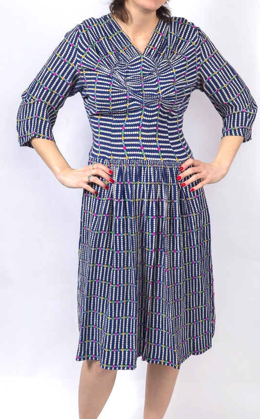 NILA HAUTE COUTURE BRUSSLES Silk tea dress VTG Blue ditsy print 1940s SIZE 12 14