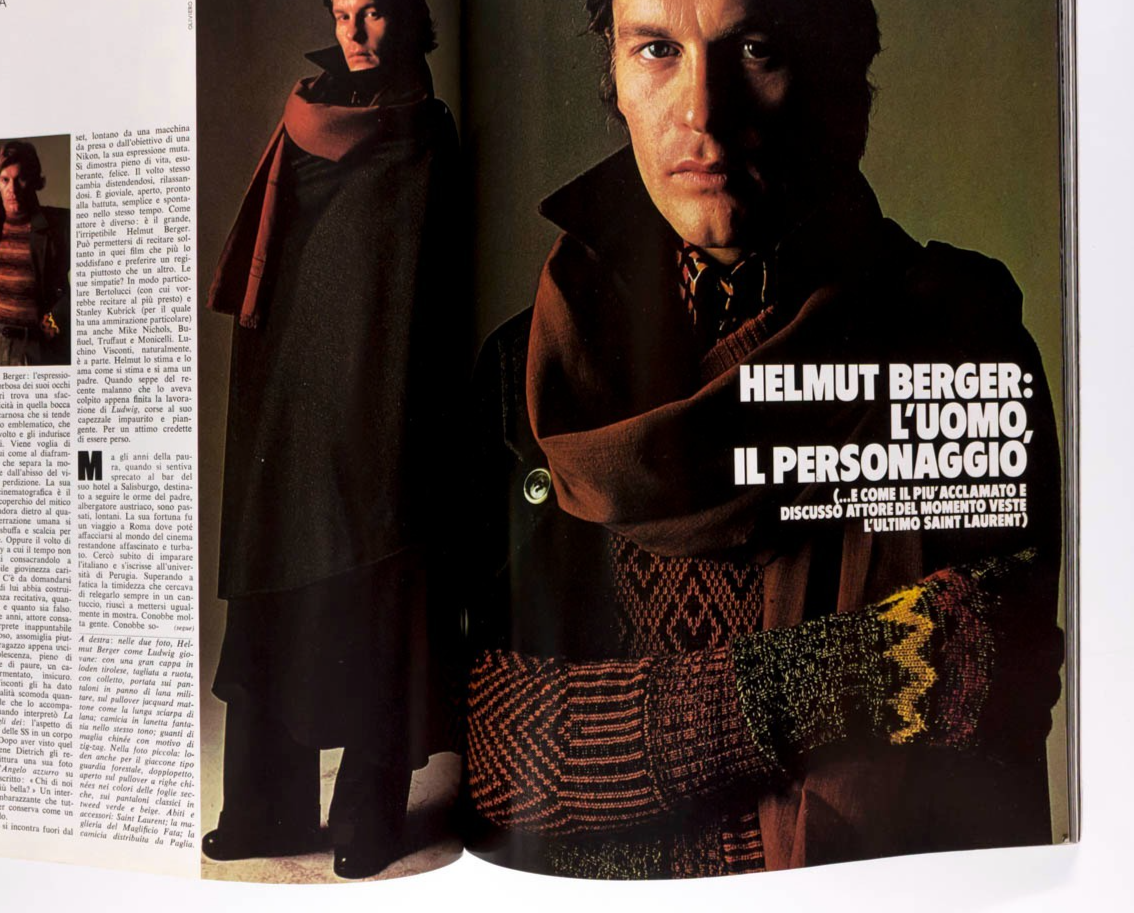 Helmut Berger JACQUES DE BASCHER Udo Kier  L'UOMO VOGUE October 1973  Toscani KL
