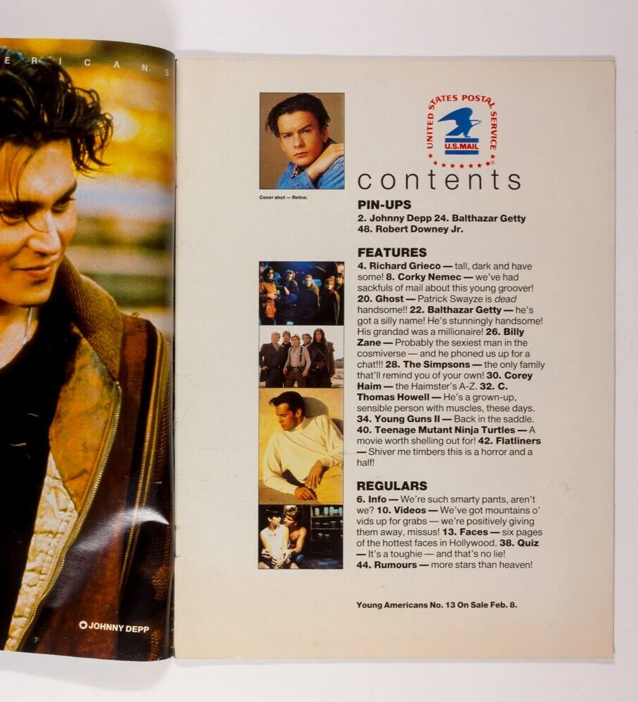 BALTHAZAR GETTY J Depp COREY HAIM Traci Lords DOWNEY JR Young Americans magazine