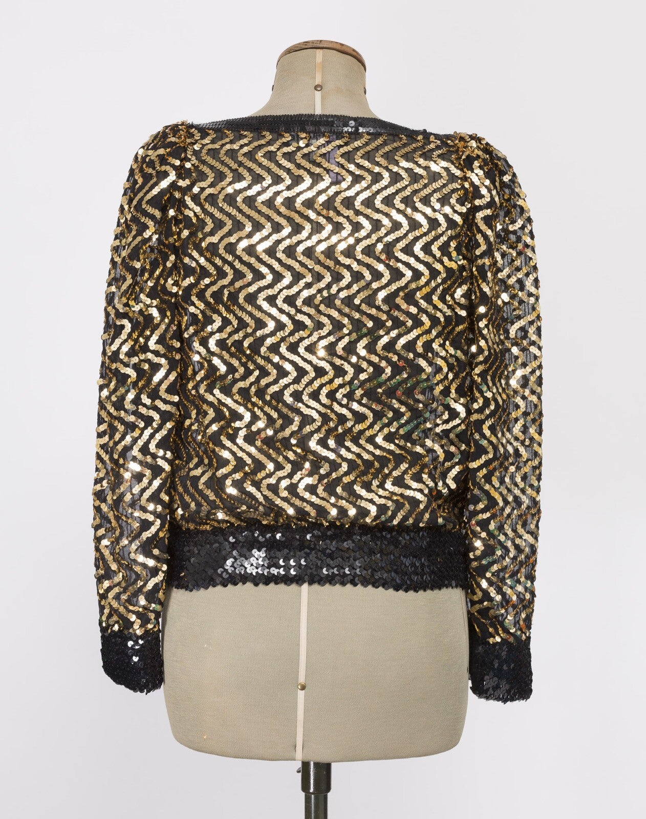 GOLD disco Studio 54 sequin party top shirt VTG 1980s Black MARIELLE zigzag 70’s