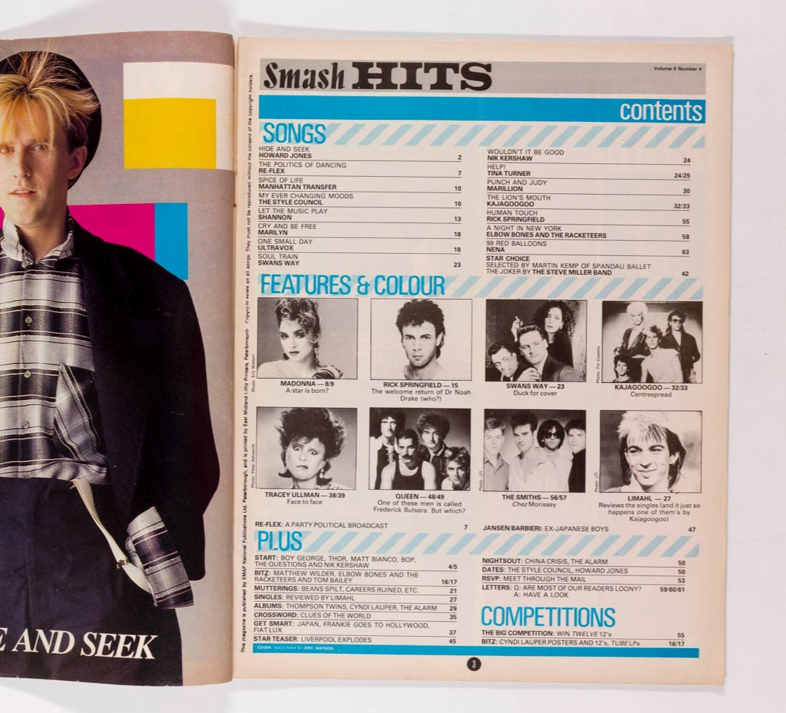 MADONNA Queen THE SMITHS Smash Hits February 1984 Tracey Ullman TINA TURNER Kemp